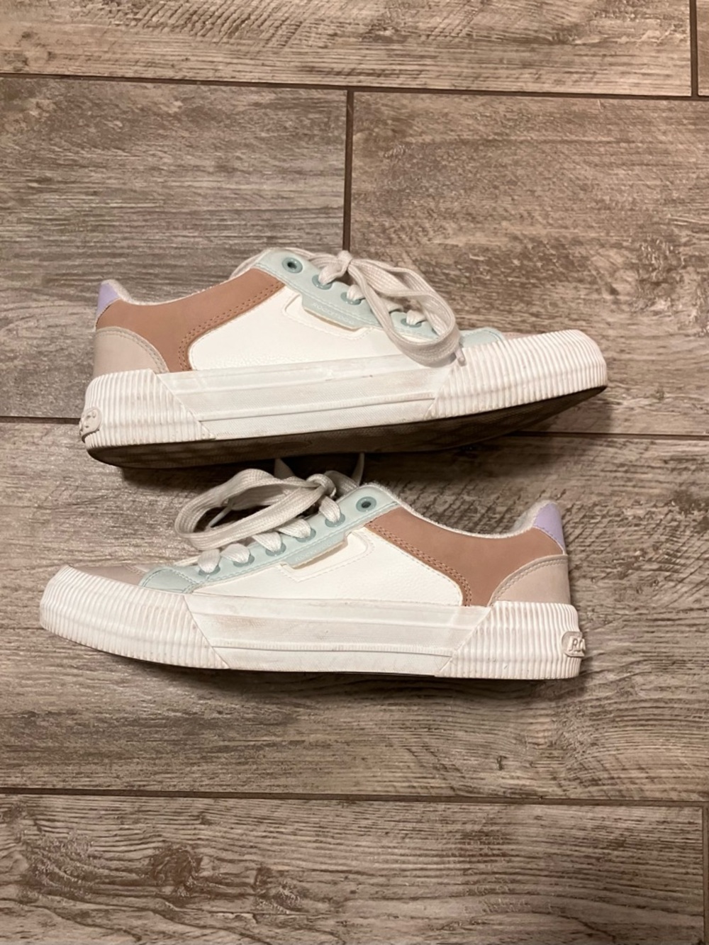 Rocket Dog White Sneakers with Tan, Light Blue, and Lilac Accents